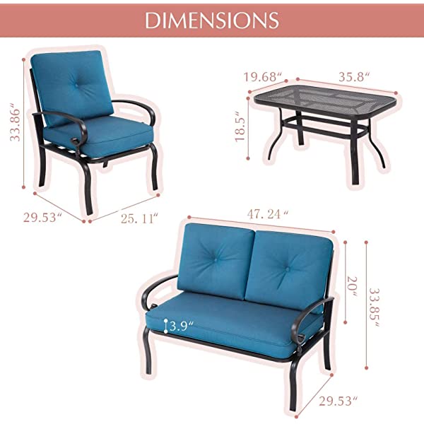 Oakmont Outdoor Furniture Patio Conversation Set Loveseat, 2 Chairs, Coffee Table with Cushion, Lawn Front Porch Garden, Metal Chair Set Wrought Iron Look (Red)