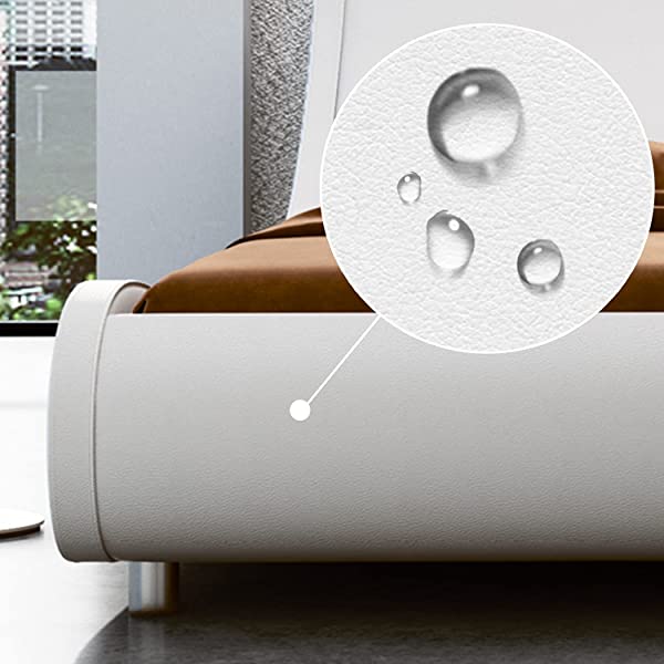 SHA CERLIN King Size Platform Bed, Faux Leather Low Profile Sleigh Bed Frame with Adjustable Headboard, Wood Slat Support, Black & White Black + White King