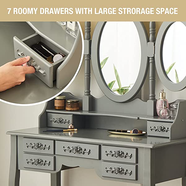 Vanity Table Set with Tri-Folding Mirror Makeup Dressing Table with Cushioned Stool & 7 Drawers and a Shelf, Makeup Dressing for Women, Girls, Bedroom (Grey)