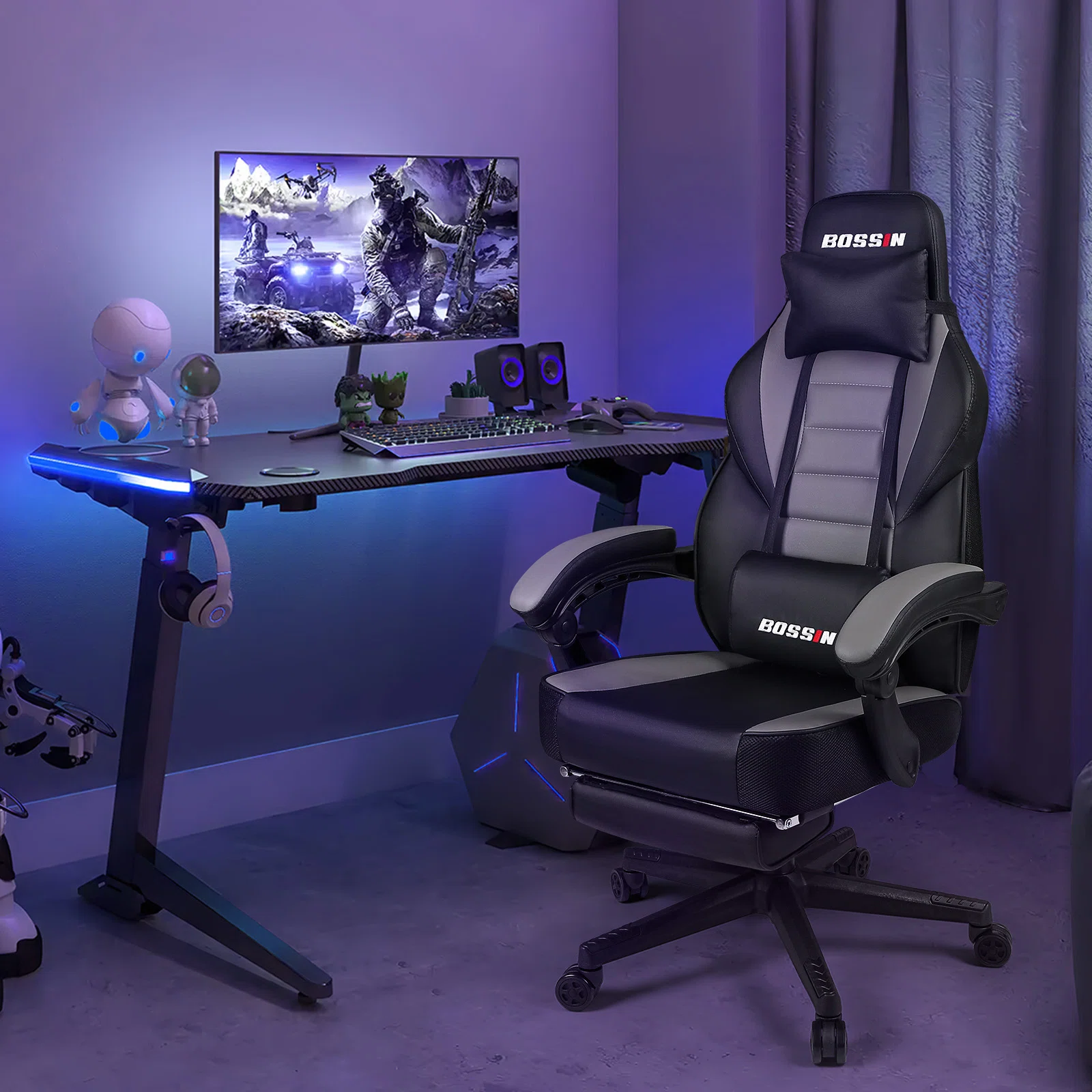 BOSSIN Gaming Chairs with Footrest, Ergonomic Computer Game Chairs with Lumbar Support
