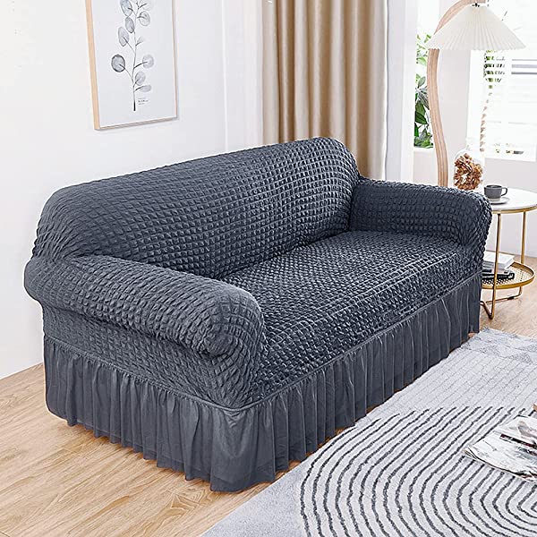 skyfiree Couch Cover Gray Sofa Slipcover Universal High Stretch Couch Cover 1 Piece Soft Sofa Cover for 3 Cushion Couch Elastic Durable Furniture Protector with Skirt 3 Seater Grey