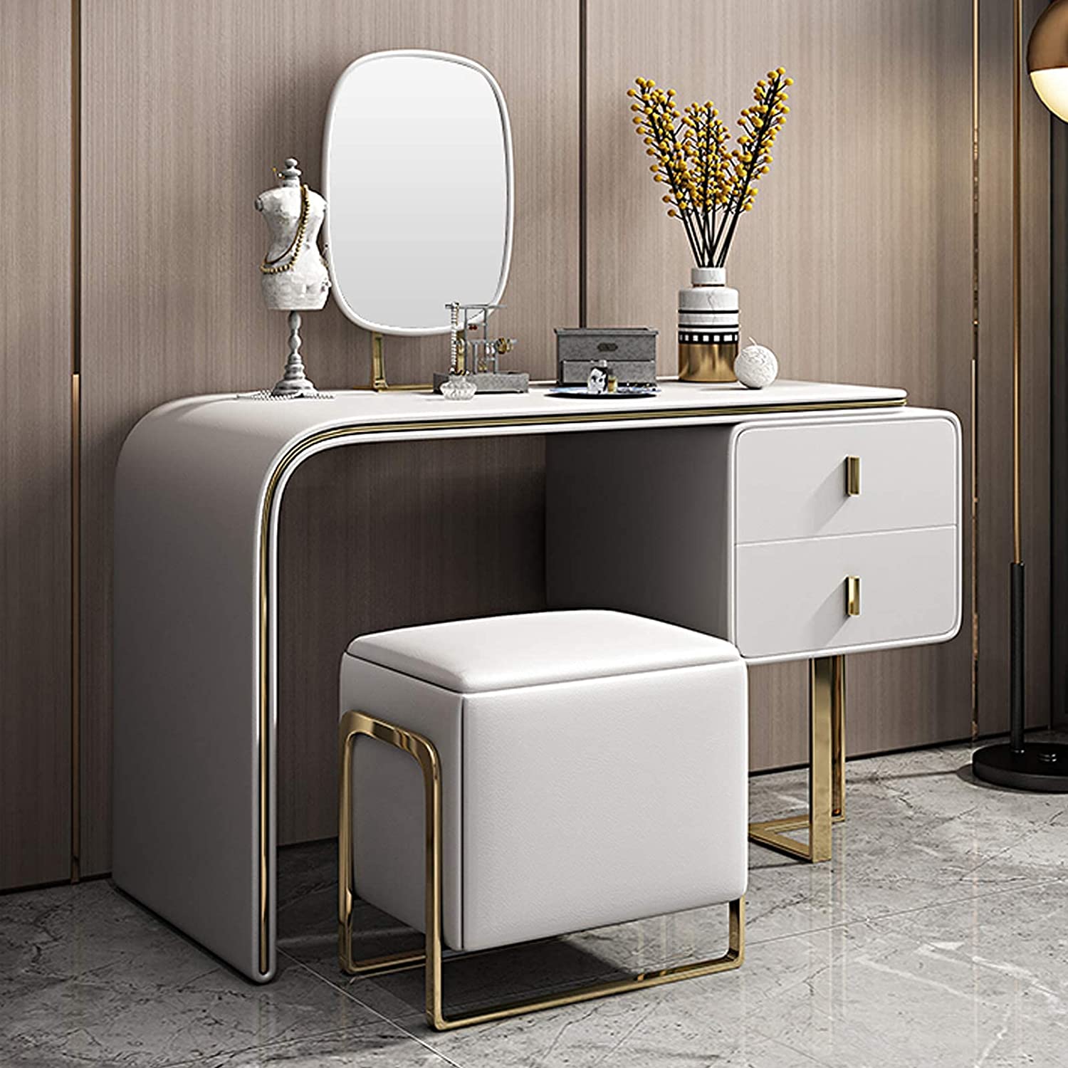FUKAYI Modern Vanity Set with Lighted Mirror, Makeup Dressing Table with 2 Large Drawer and PU Stool, Dresser Table for Women