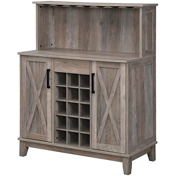 Bar Cabinet with Wine Rack and Glass Doors (Grey wash- Solid)