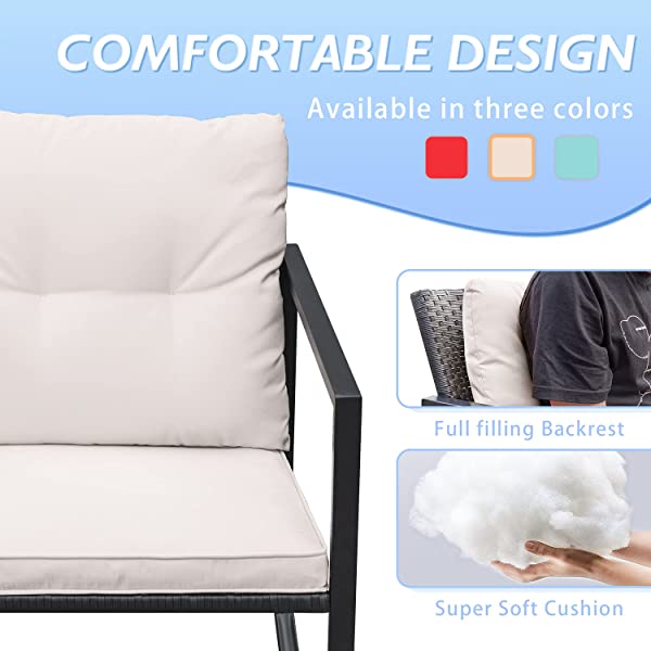 Greesum 3 Pieces Rocking Wicker Bistro Set, Patio Outdoor Furniture Conversation Sets with Porch Chairs and Glass Coffee Table, Beige