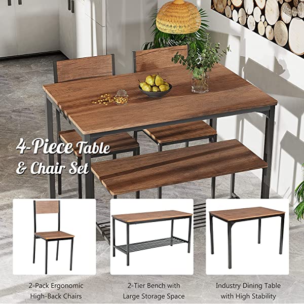 Giantex Dining Table Set for 4, Kitchen Table with Bench and Chairs, Industrial Gathering Bench Dining Set W/Metal Frame & Storage Rack, Dinette Set, Modern Functional Desk Set (Black Oak)