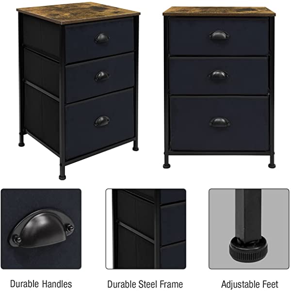 Sorbus Nightstand with 3 Drawers - Bedside Furniture & Accent End Table Chest for Home, Bedroom Accessories, Office, College Dorm, Steel Frame, Wood Top, Easy Pull Fabric Bins (Gray) Grey