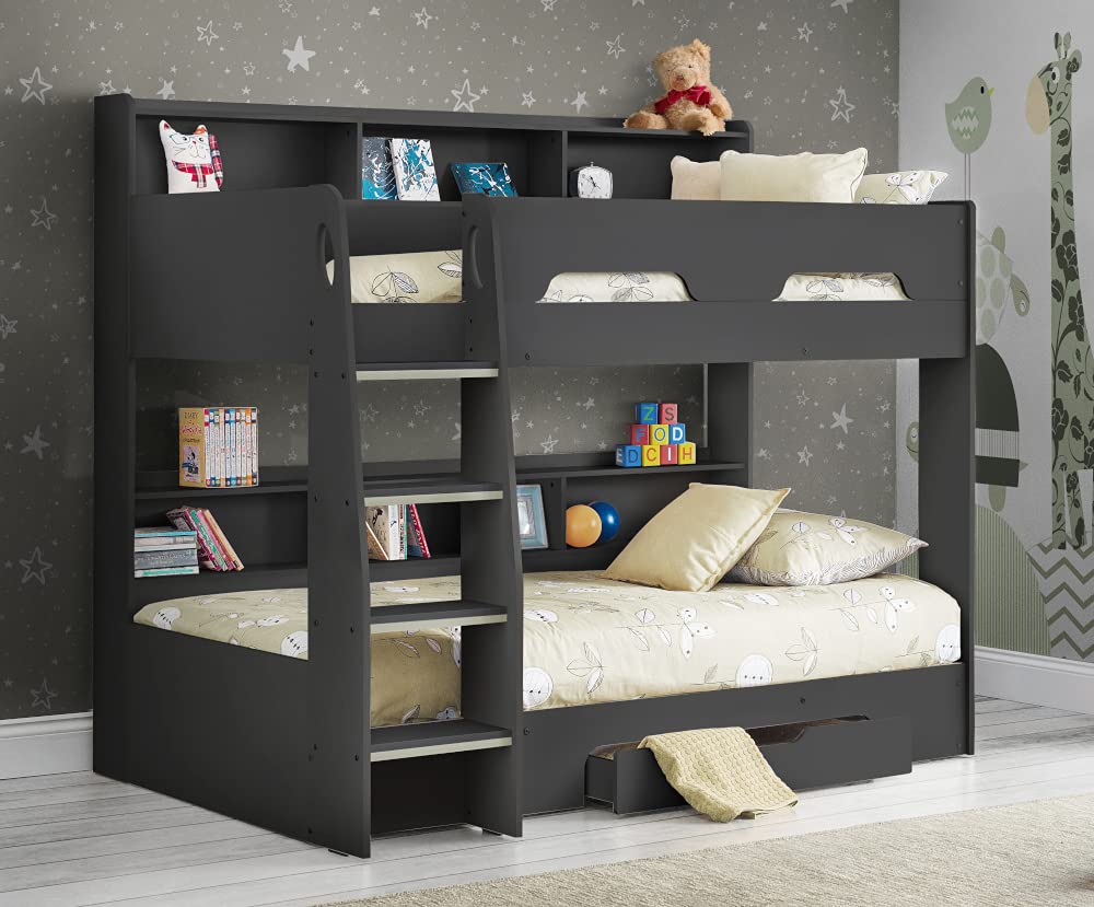 【Furniture】Wooden Bunk Bed with Underbed Storage Drawer, Modern Twin Sleeper with 2 Pocket Sprung Mattresses
