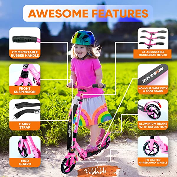 Hurtle Scooter – Scooter for Teenager – Kick Scooter – 2 Wheel Scooter with Adjustable T-Bar Handlebar – Folding Adult Kick Scooter with Alloy Anti-Slip Deck Pink