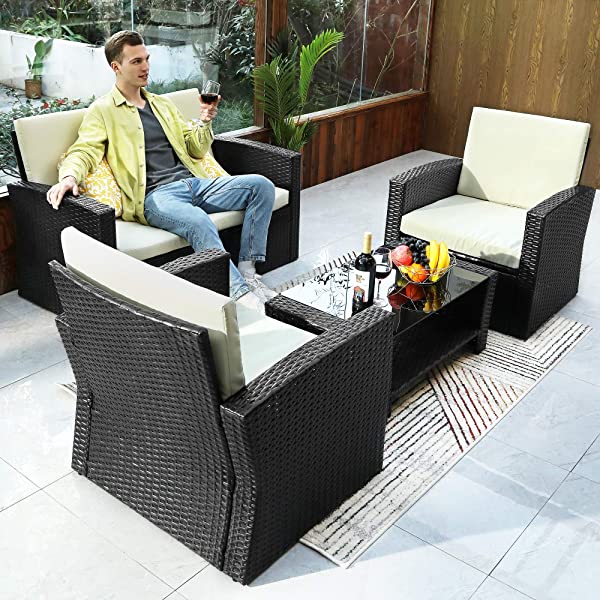 YITAHOME 4 Pieces Outdoor Furniture Sofa Set, PE Rattan Wicker Sectional Furniture Conversation Set with Cushions and Table for Porch Lawn Garden, Black