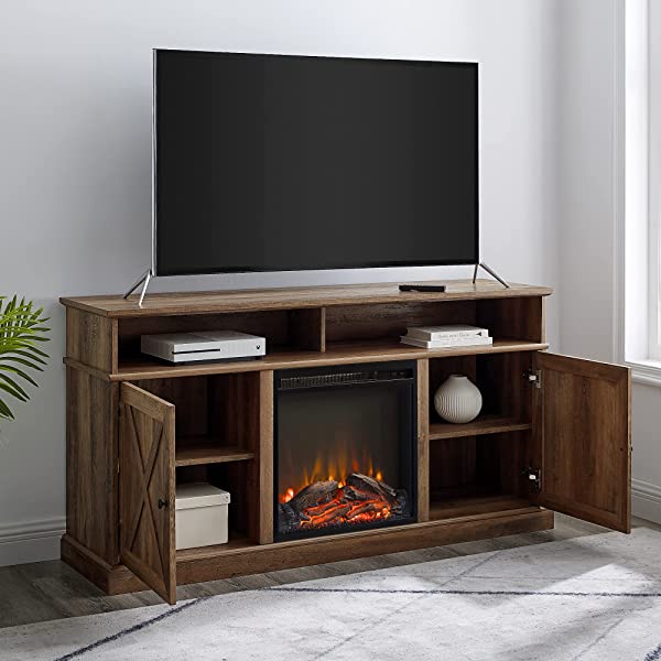 Walker Edison Richmond modern farmhouse sliding barn door TV stand for up to 52 inches, white and rustic oak white without fireplace 52 inches TV