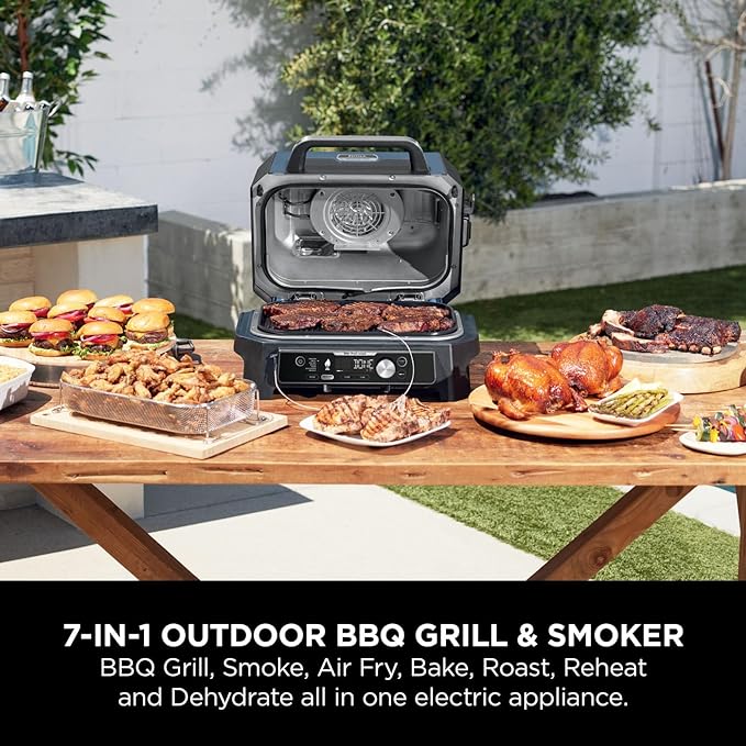 Ninja Woodfire Pro Connect XL Electric Grill and Smoker with App Control, Digital Probe, Large 7-in-1 Outdoor Grill and Air Fryer with Woodfire Pellet, Weather Resistant, Blue and Black OG901UK