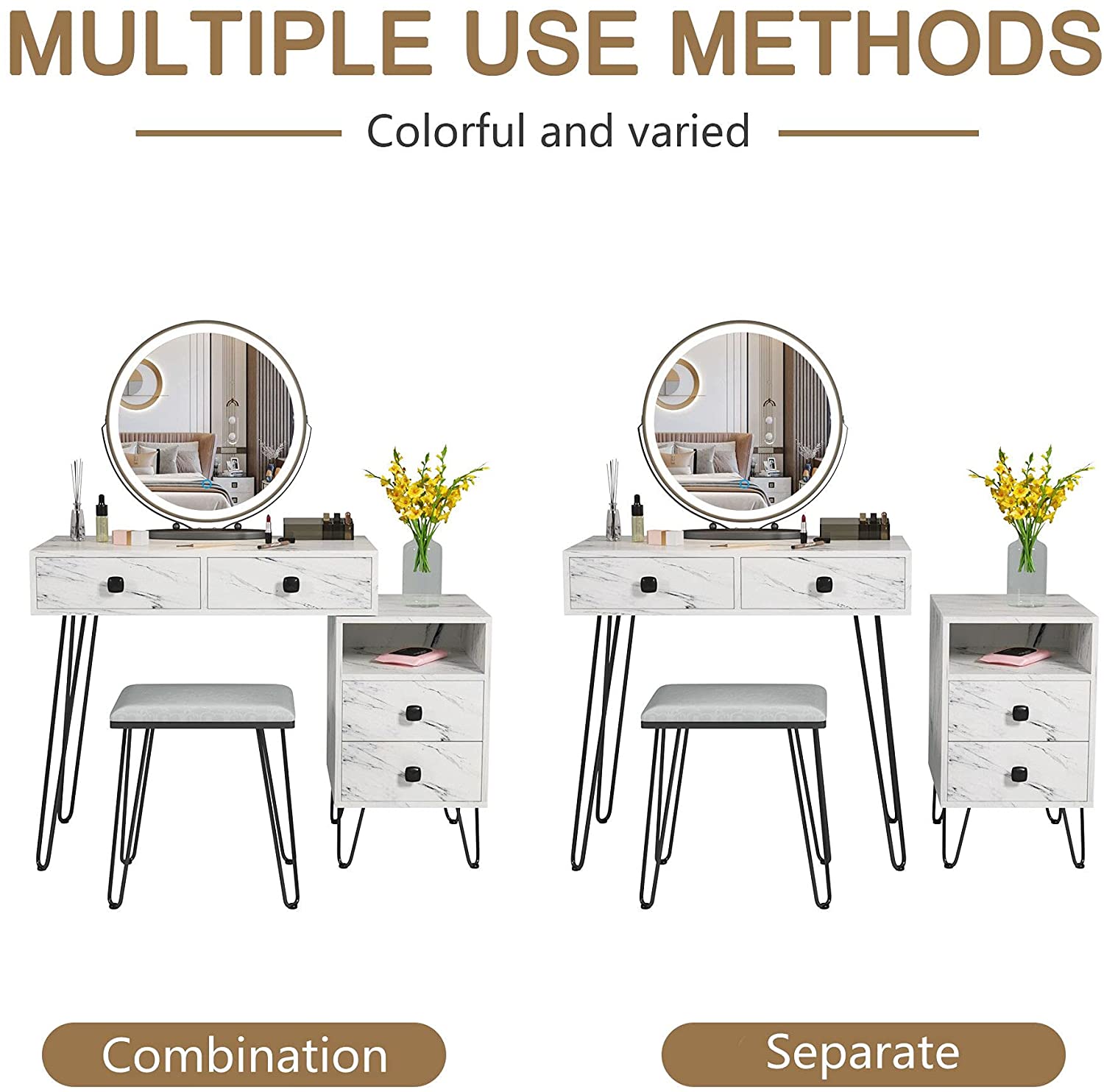 Vanity Makeup Table Set with Lighted Mirror,Makeup Vanity Dressing Table wStorage Cabinet,Cushion