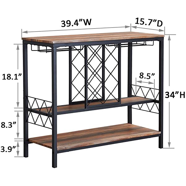 O&K FURNITURE Industrial Wine Rack Table with Glass Holder, Wine Bar Cabinet with Storage, Brown