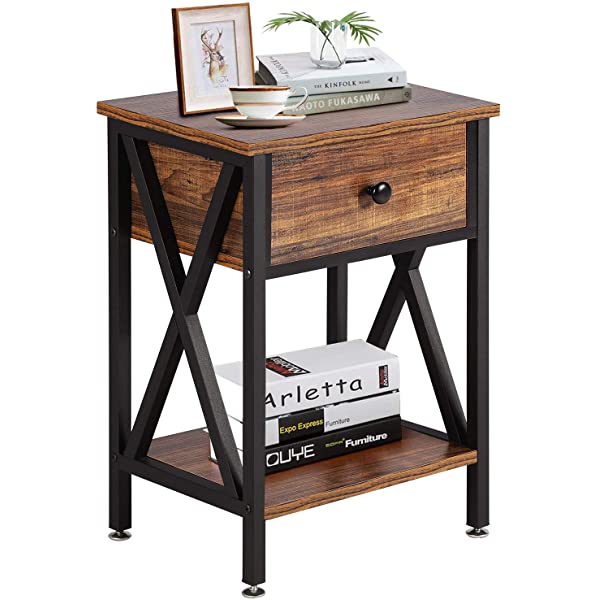 VECELO Modern Versatile Nightstands X-Design Side End Table Night Stand Storage Shelf with Bin Drawer for Living Room Bedroom, Brown+Black Brown+black Modern