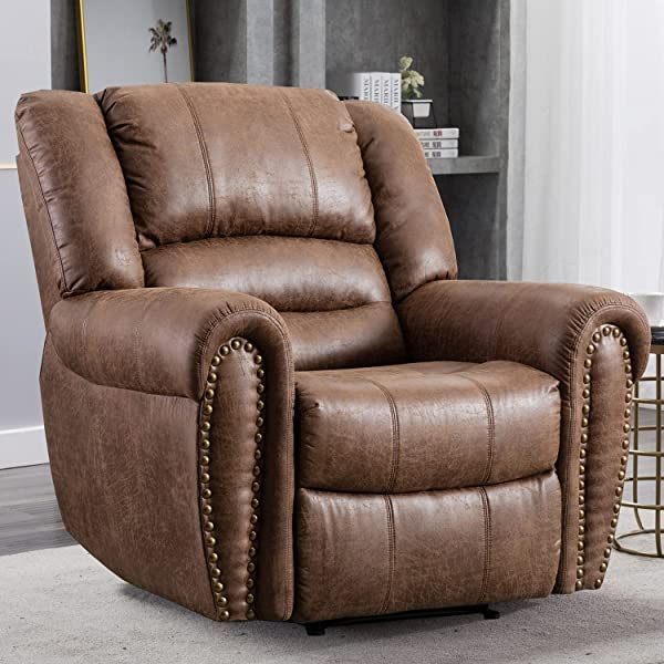 CANMOV Leather Recliner Chair, Classic and Traditional Manual Recliner Chair with Comfortable Arms and Back Single Sofa for Living Room, Nut Brown