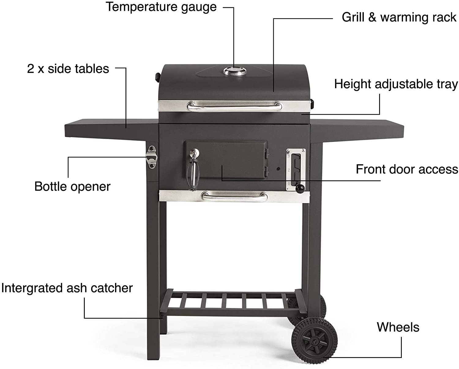 VonHaus Compact Charcoal BBQ – Barbecue with Warming Rack, Adjustable Height & Temperature Gauge – Portable, Bottle Opener Feature, Ash Catcher & Additional Storage Shelf