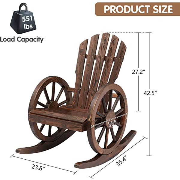 Kinsunny Rustic Wood Wagon Rocking Chair Outdoor Patio Lounge Rocker Set with Wheel Armrest for Garden, Country, Yard 1pc