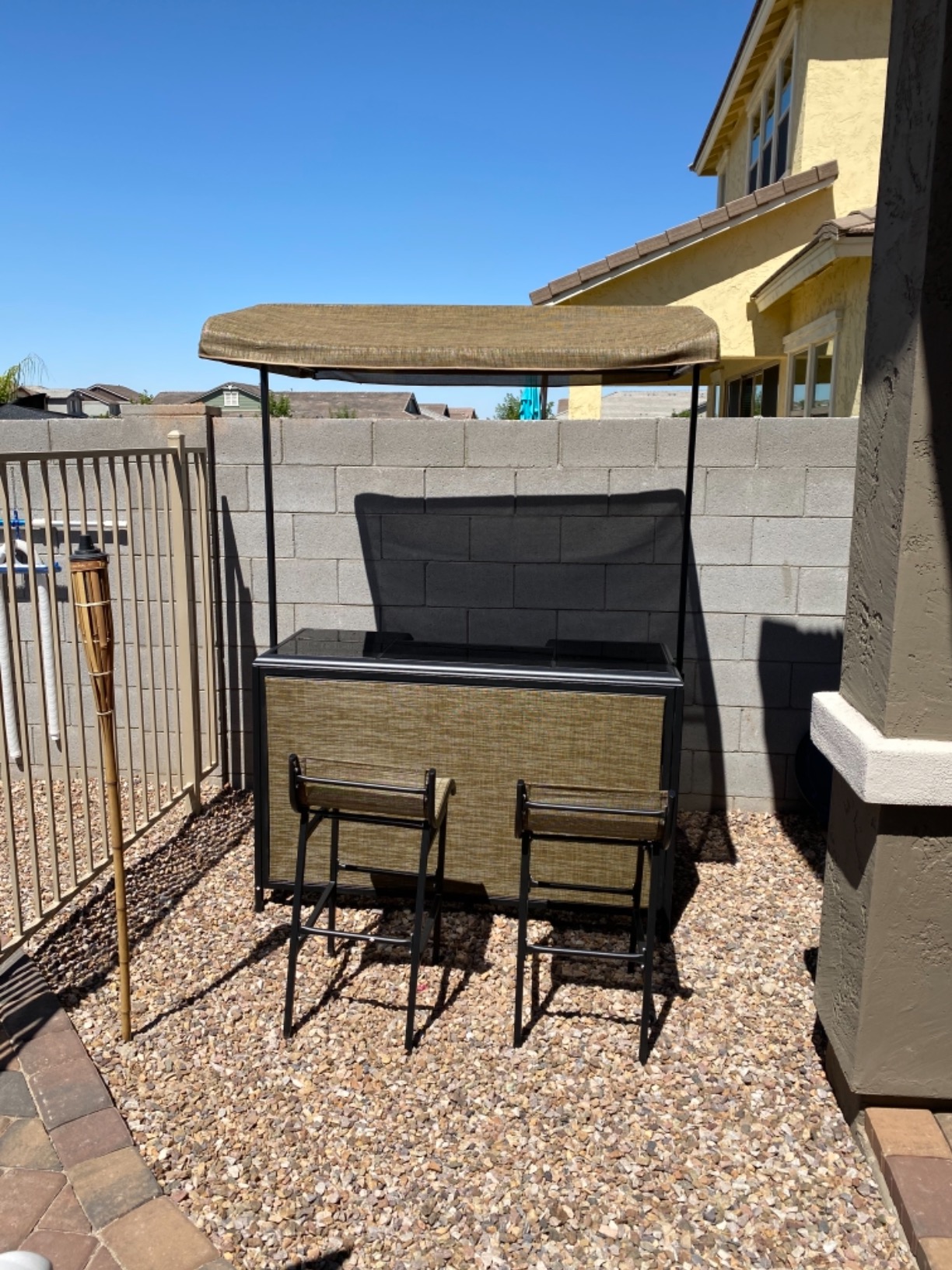 【Home&Garden】3 Pcs Outdoor Bar Set for 2 with Canopy, Rectangular Table with Storage Shelves & 2 Bar Chairs