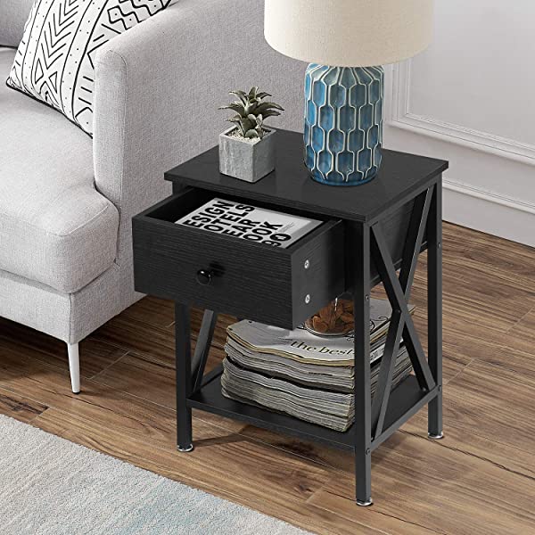 VECELO Modern Versatile Nightstands X-Design Side End Table Night Stand Storage Shelf with Bin Drawer for Living Room Bedroom, Brown+Black Brown+black Modern