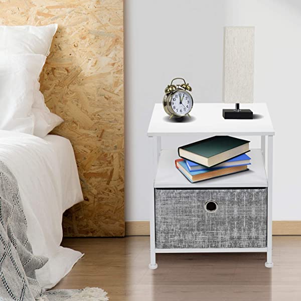 Sorbus Nightstand 1-Drawer Shelf Storage- Bedside Furniture & Accent End Table Chest for Home, Bedroom, Office, College Dorm, Steel Frame, Wood Top, Easy Pull Fabric Bins (Rustic Wood)