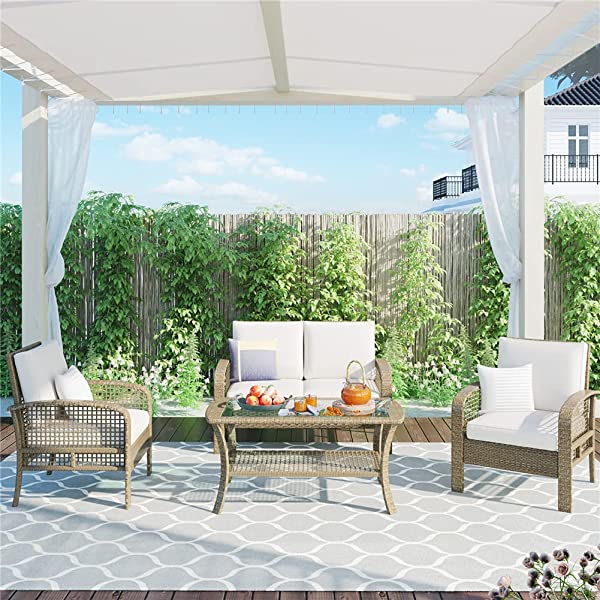 4 Pieces Outdoor Patio Furniture Set Wicker Rattan Cushioned Sectional Sofa Sets with Armchairs and Tempered Glass Table with Storage Shelf (Gray) Grey