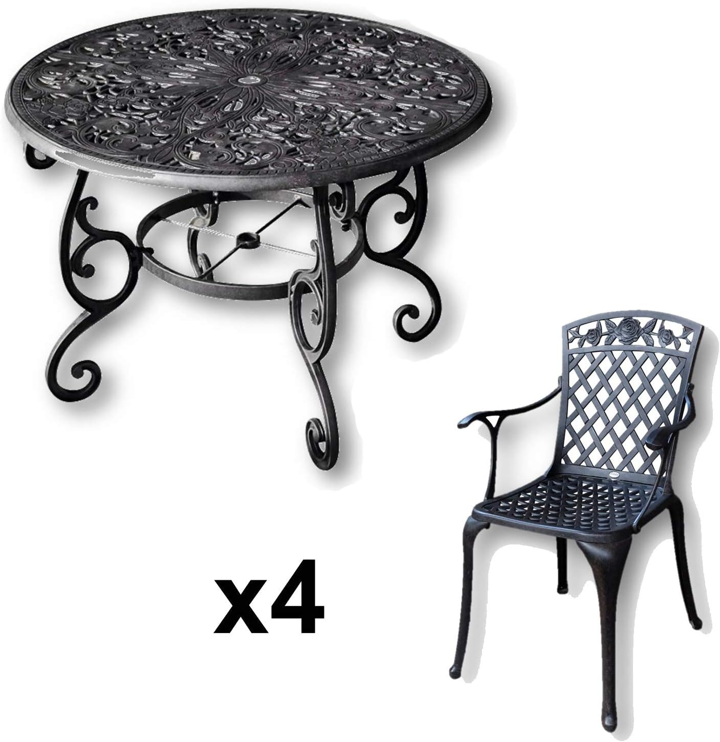 Lazy Susan - Flora Round 4 Seater Cast Aluminium Garden Set - Antique Bronze (Rose chairs)