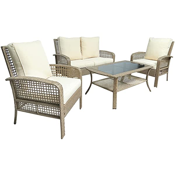 4 Pieces Outdoor Patio Furniture Set Wicker Rattan Cushioned Sectional Sofa Sets with Armchairs and Tempered Glass Table with Storage Shelf (Gray) Grey