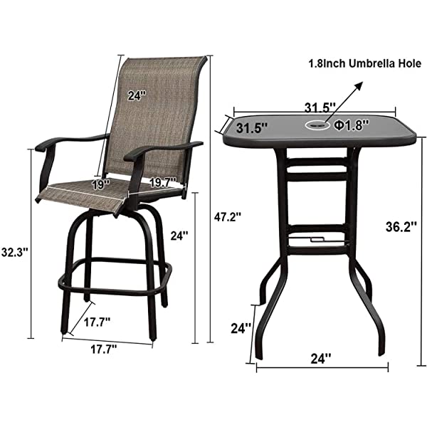 Will-Mall Patio Furniture Swivel Bar Chairs Set of 2, Outdoor High Bistro Stools, Textilene Fabric Bar Height Patio Chairs, for Lawn, Backyard and Garden (2 Bar Chairs)