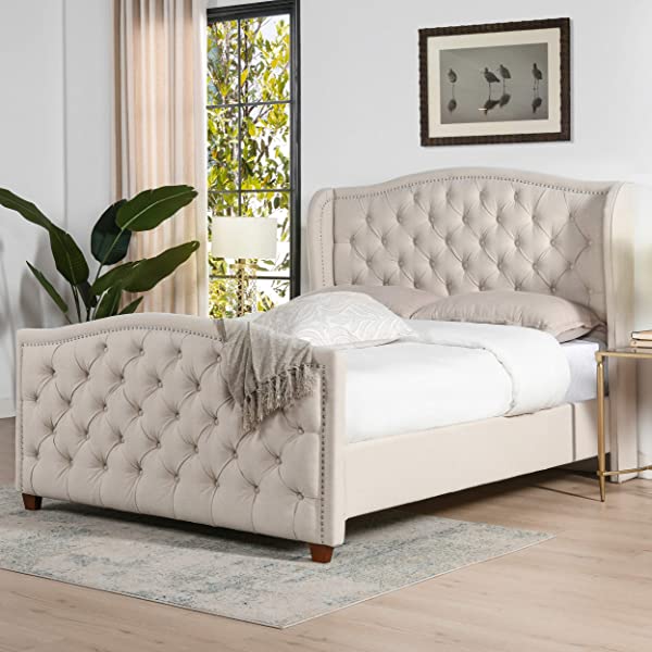 Jennifer Taylor Home Marcella Collection Queen Wingback Tufted Hand-Applied Nail Heads Upholstered Bed, Antique White Antique White Queen