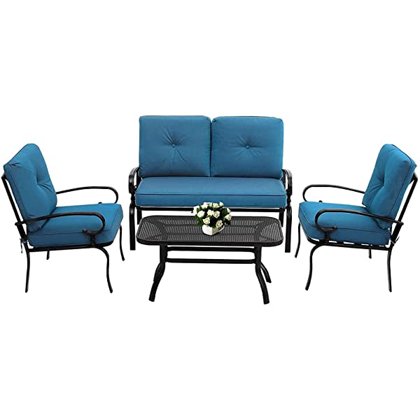 Oakmont Outdoor Furniture Patio Conversation Set Loveseat, 2 Chairs, Coffee Table with Cushion, Lawn Front Porch Garden, Metal Chair Set Wrought Iron Look (Red)