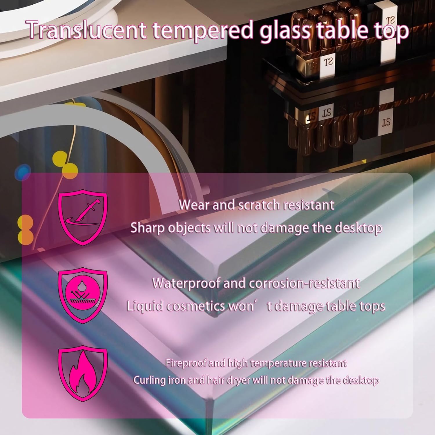 GOOCOO Dressing Table - Makeup Vanity Desk with Wireless Charging Station and Bluetooth Speaker - Vanity Set Contains Makeup Mirror, 5 Drawers and Makeup Stool for Bedroom