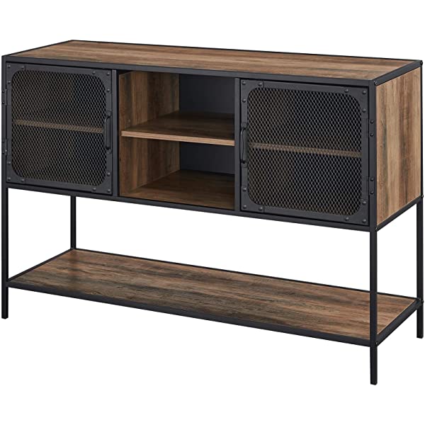 Walker Edison Malcomb Urban Industrial Metal Mesh Double Door Rolling Bar Cabinet, 33 Inch, Rustic Oak Rustic Oak 33 Inch