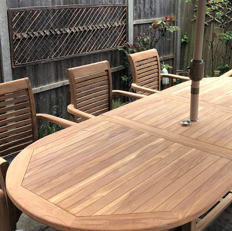 【Home&Garden】【BS】Teak Garden Furniture Set, Garden Table & 8 Chairs, Wooden Garden Furniture Set with Parasol