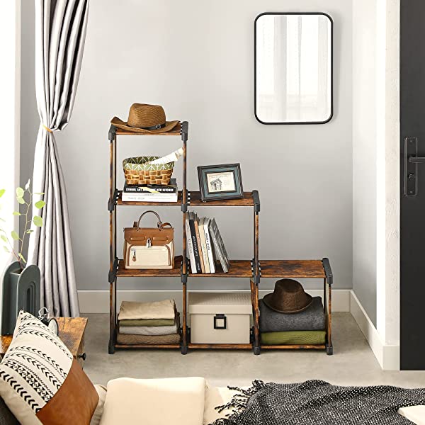 SONGMICS 6-Cube Storage Rack, Staircase Organizer, DIY Storage Shelf, Bookcase in Living Room, Children’s Room, Bedroom, for Toys and Daily Necessities, Rustic Brown ULSN063X12